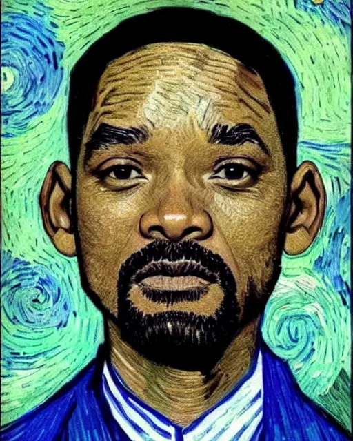 Image similar to Will Smith in the style of van gogh self portrait, face, detailed, sharp focus