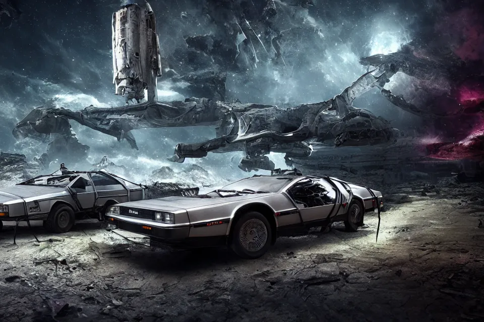 Image similar to delorean dmc 5 next to ancient space ship wreck horror, dark cinematic, volumetric, realistic, 3 d render, realistic render, cinematic lighting, volumetric lighting, atmospheric, cinematic, unreal engine, unreal engine render, octane render, hd, photorealism, hyper realistic, photo, 8 k