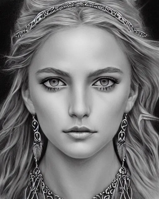Image similar to pencil sketch of beautiful greek goddess aphrodite with arrowhead earrings and beautiful feather jewelry, beautiful piercing eyes, beautiful blonde hair, hyper realistic face, in the style of greg rutkowski, fantasy, amazing detail, epic, elegant, smooth, sharp focus, from the front