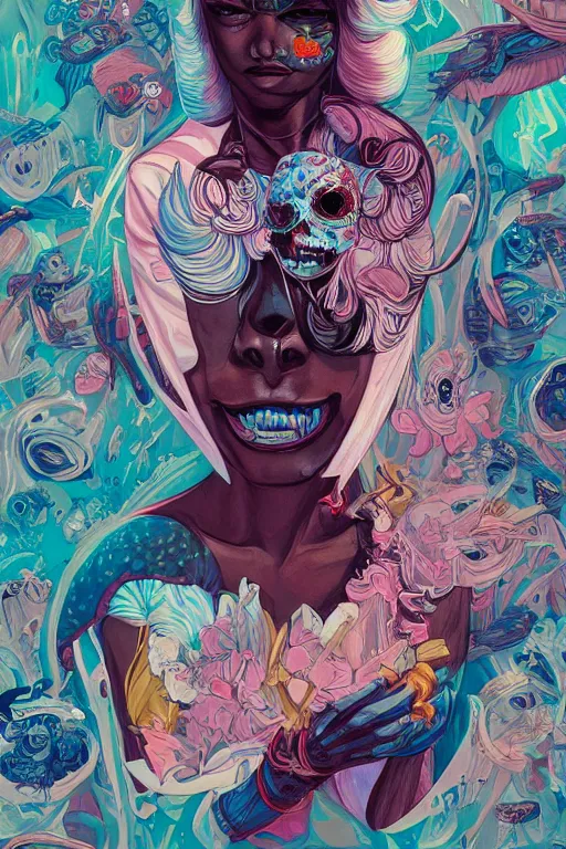 Prompt: an undead human smiling cute, tristan eaton, victo ngai, artgerm, rhads, ross draws