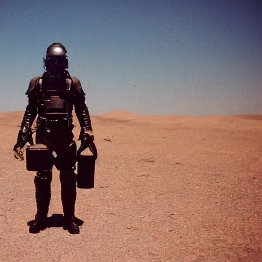 Prompt: a heavily armored man wearing a gasmask, in the desert, film still, panavision panaflex