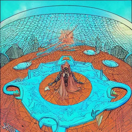 Prompt: oracle of doom at prismatic pool. Art by Moebius