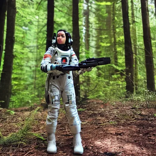 Prompt: a female space scout wearing a camo uniform with white armor exploring a forest planet