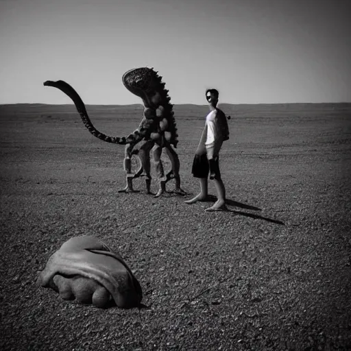 Image similar to 🐙 🐋 🦑🤖🦖🐙 👽 🐳 in desert, photography