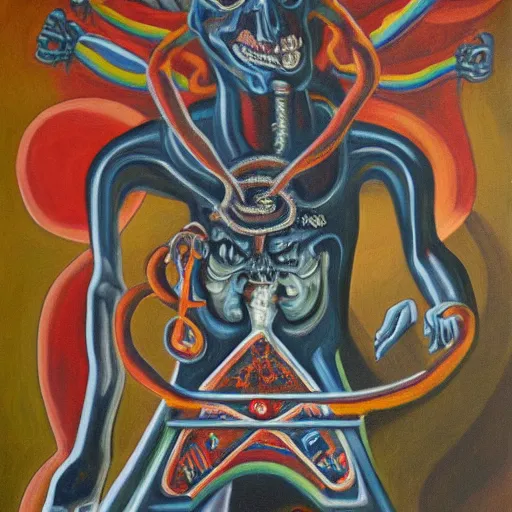 Image similar to portre of an autistic demon on acid, masonic and kabalistic symbols in background, oil painting