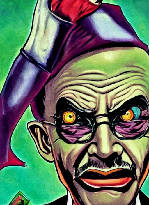 Image similar to Ghandi as the Joker from batman, comic book cover art, bright colourful, detailed, slightly sinister