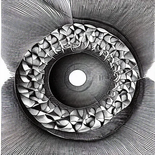 Image similar to a whirlpool of fish by mc escher, black and white, highly detailed