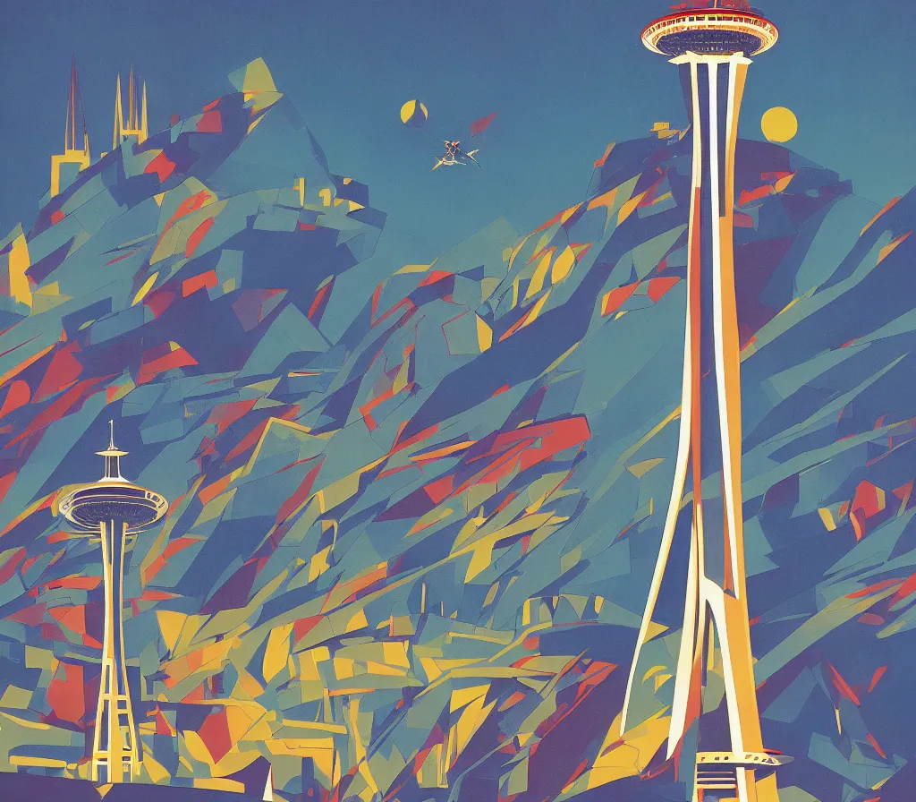 Image similar to angels over the seattle space needle, modernism, gouache, animated film, stylised, illustration, by eyvind earle, scott wills, genndy tartakovski, syd mead