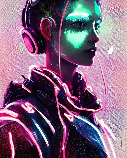 Image similar to detailed portrait Neon Operator Girl, cyberpunk futuristic neon, reflective puffy coat, decorated with traditional Japanese ornaments by Ismail inceoglu dragan bibin hans thoma greg rutkowski Alexandros Pyromallis Nekro Rene Maritte Illustrated, Perfect face, fine details, realistic shaded, fine-face, pretty face