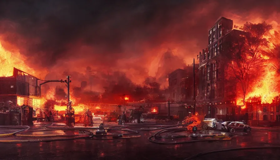 Image similar to A detailed render of a scene of Fire and explosions at the 3rd precinct in Minneapolis on fire, sci-fi concept art, lots of fire, dark, clouds, 8k, high detail, advanced rendering whimsically designed art, 4k post-processing highly detailed, Soft illumination