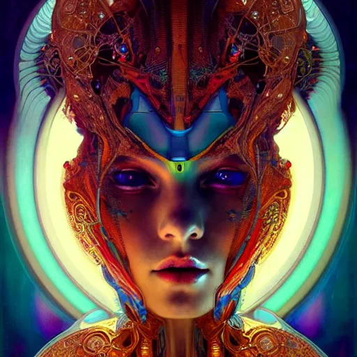 Image similar to extremely psychedelic beautiful cyborg queen of lsd infected by night. intricate, elegant, highly detailed, extremely lifelike photorealistic digital painting, artstation. steichen, gaston bussiere, tom bagshaw, cyberpunk alphonse mucha. elegant minimalism. anatomically correct. sultry. sharp focus. gold. surreal lush hallucination