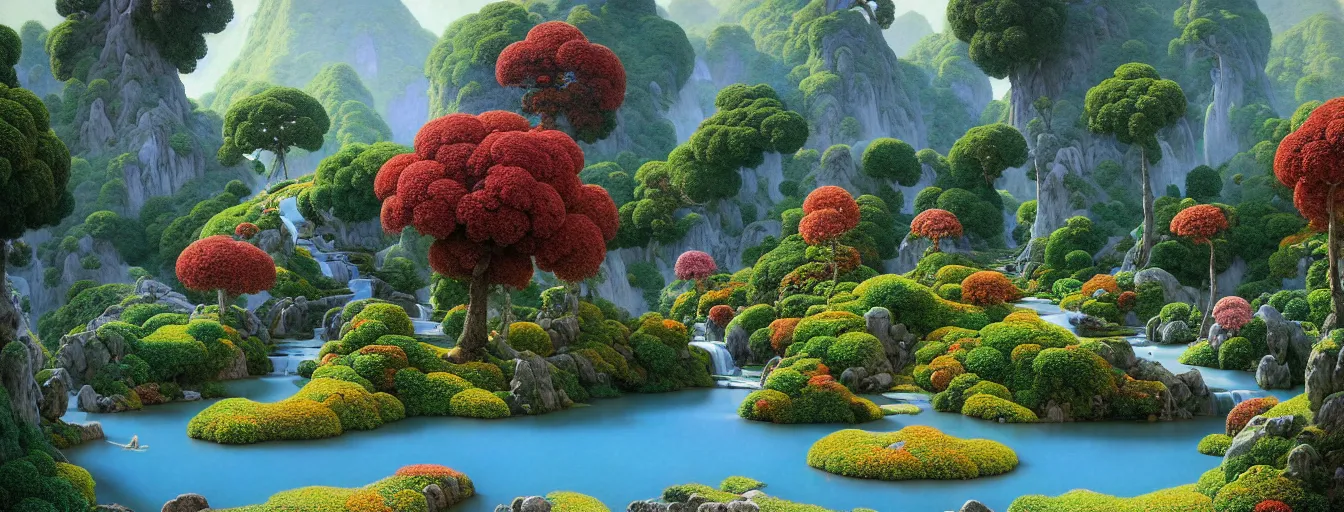 Prompt: a gorgeous very early spring series of lush islands separated by flower - lined streams, twisted gardens, painting by barlowe wayne maxfield parrish and marco mazzoni. tree no leaf!!!! china mountain village!! grey blue and very little light verdancy. the winding stone steps. ultra clear detailed. 3 d, octane render. turbulent blood lake.