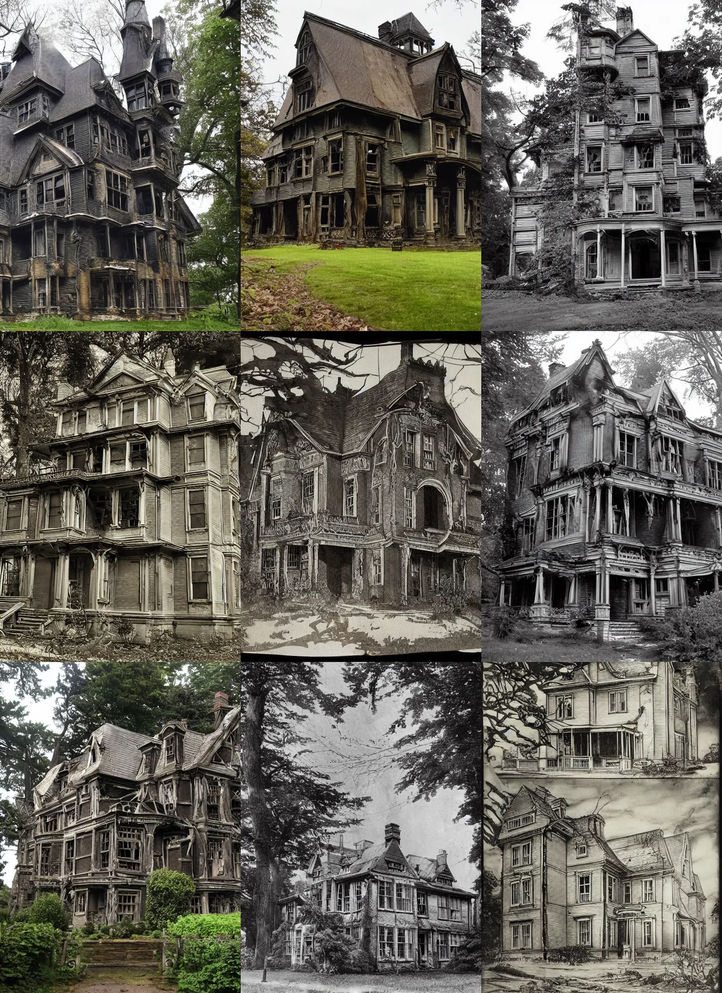 Prompt: old mansion made in 1 9 2 0 in english cottage style, burned a while ago and now owner is trying to restore it, new england colonial architecture, arkham horror, terrific, insane, drider, hubris, creepy dungeon, lovecraft illustration, particles, by asher brown durand, by yoshitaka amano