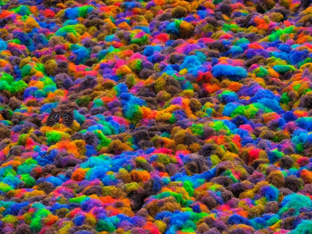 Prompt: a mountain made out of colorful cats, photography