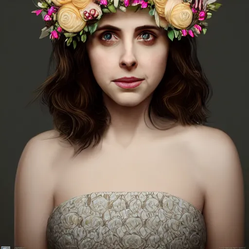 Image similar to intricate highly detailed face portrait of alison brie, flower crown on her head, intricate, cgsociety, unreal engine, octane render, sharp focus, smooth, volumetric lighting, cinematic composition, artstation