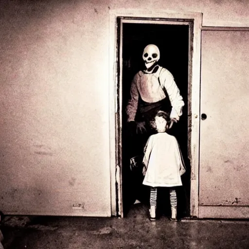 Image similar to the scariest character you can ever imagine, standing in the dark corner of a kitchen while watching a family eat, creepy, realistic, highly detailed, old photo