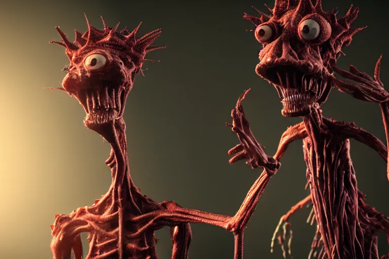 Image similar to lanky ink creature made out of a humanoid nervous system with large meaty spikes all over the body, cinematic, volumetric lighting, f 8 aperture, cinematic eastman 5 3 8 4 film, photorealistic