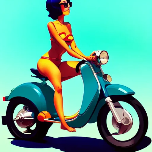 Prompt: turquoise vespa moped, no people, in the style of artgerm, gerald brom, atey ghailan and mike mignola, vibrant colors and hard shadows and rim light, plain background, comic cover art, trending on artstation