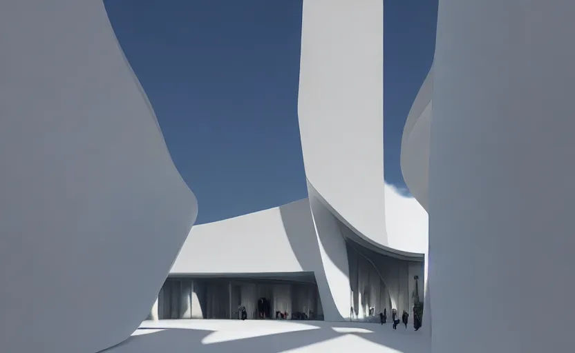 Image similar to exterior painting of a white architecture by zaha hadid and peter zumthor, darek zabrocki, greg ruthkowski, cinematic and blue cold atmospheric, archviz, archdaily, deezen, concept art, artstation, trending on artstation