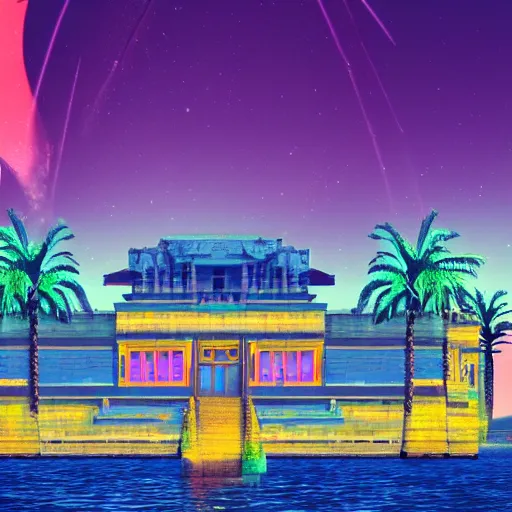 Image similar to ancient palace viewed from the sea, epic retrowave art, trending on art station