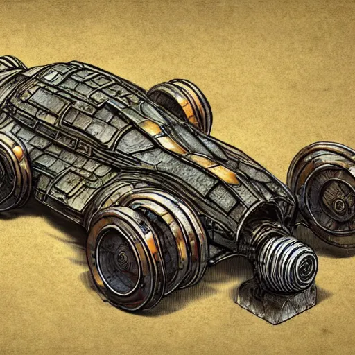 Image similar to planescape art style retrofuturism car concept