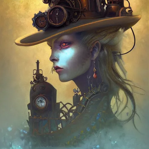 Image similar to a painting of a steampunk female character by gediminas pranckevicius and seb mckinnon, artstation, impressionism, acrylic art, dye - transfer, speedpaiting, oil on canvas