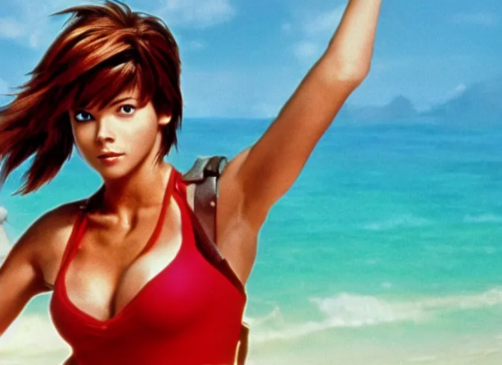 Prompt: a film still of a a woman called tracer from overwatch in baywatch 1 9 8 9