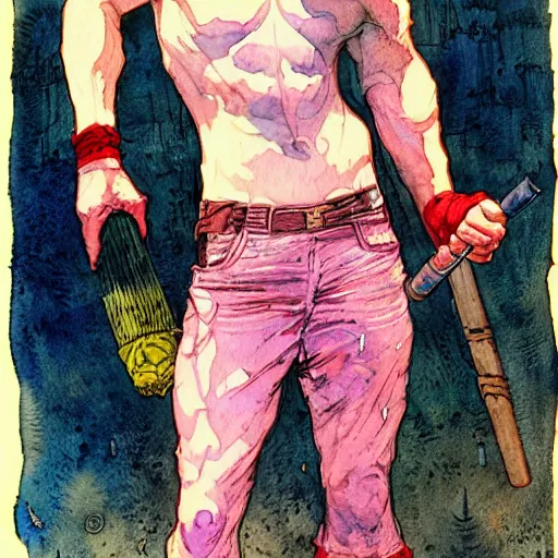 Prompt: a realistic and atmospheric watercolour fantasy character concept art portrait of captain america with pink eyes wearing a wife beater and smoking a huge blunt by rebecca guay, michael kaluta, charles vess and jean moebius giraud