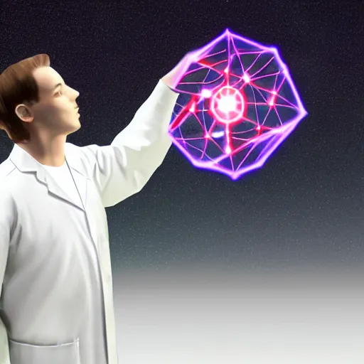 Prompt: A man dressed in a lab coat is throwing glowing obs from an ivory tower, drawn in the digital art style