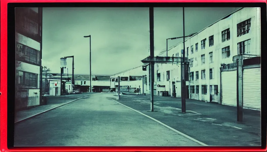 Prompt: analog polaroid photograph of an industrial district with road markings and neon lights, warehouse, sea containers, high perspective, warm azure tones, red color bleed, duotone, heavy film grain, depth of field