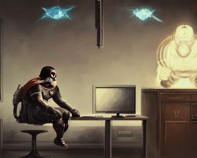 Image similar to an insanely detailed painting of a slightly chubby, nerdy asian man wearing a superhero costume and mask, sitting at a desk, staring at the nervously at the computer and typing, in the style of peter mohrbacher, dramatic lighting and composition, octane render, trending on artstation, concept art, comic book, view from behind