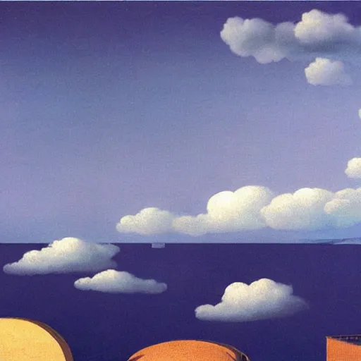 Image similar to a cat flying over jerusalem sky's, painted by magritte