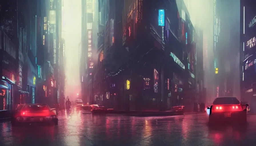 Image similar to street from bladerunner 2049, neon lights, rain, flying cars, people walking