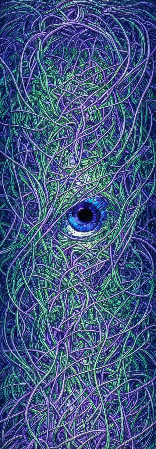 Image similar to many large beautiful eyeballs inside of extremely thick iridescent vines intertwined, central composition, high saturation, epic lighting, in the style of Peter gric and Amanda Sage 8k