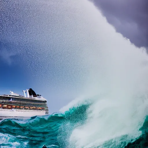 Prompt: a giant wave about to crash on a cruise ship, wave, giant, rough seas, weather, cruise, ship, hurricane, canon eos r 3, f / 1. 4, iso 2 0 0, 1 / 1 6 0 s, 8 k, raw, unedited, symmetrical balance, wide angle