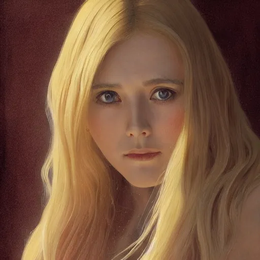 Prompt: Young blonde elizabeth olsen, highly detailed, digital painting, artstation, concept art, smooth, sharp focus, illustration, ArtStation, art by artgerm and greg rutkowski and alphonse mucha and J. C. Leyendecker and Edmund Blair Leighton and Katsuhiro Otomo and Geof Darrow and Phil hale and Ashley wood and Ilya repin and Charlie Bowater