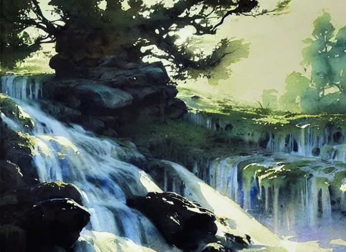 Prompt: stained watercolor painting, paint splashes, drips, depicting wild waterfall, oak trees, rocky shore, sunshine, rustic stone cabin in horizon, very very very beautiful, art by anders zorn, wonderful masterpiece by greg rutkowski, cinematic light, american romanticism by greg manchess, creation by tyler edlin