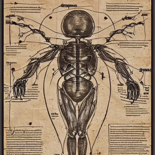 Prompt: an infographic detailing the autopsy of a metroid, in the style of Leonardo da Vinci, drawn on old weathered paper, detailed, 8k