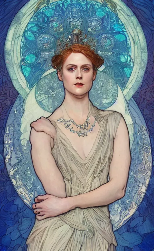 Prompt: delores ( evan rachel wood ) from westworld in blue dress as a goddess in alfons mucha style, highly detailed, pastel colors, smooth lines ， artgerm, artstation