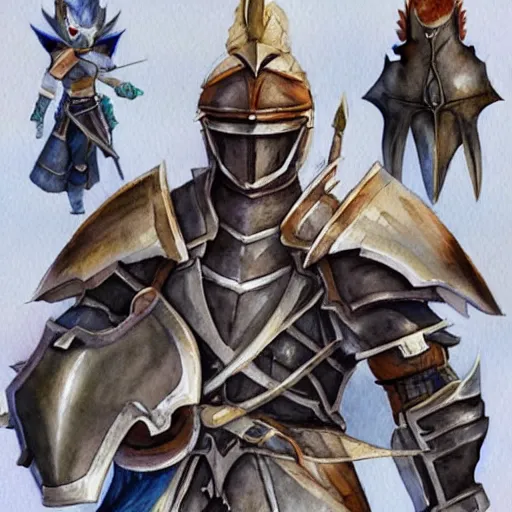 Image similar to watercolor, final fantasy tactics character design, knight in plate armor, knight wearing helmet, character portrait, heroic, many belts