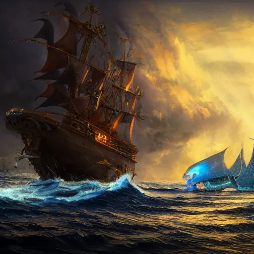 Image similar to fantasy fireship crossing an ocean, high detail, fantasy art, concept art, 4 k, ultra detail, computer art