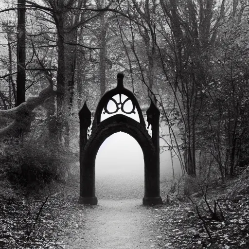Prompt: gothic faerie portal in the foggy woods black and white