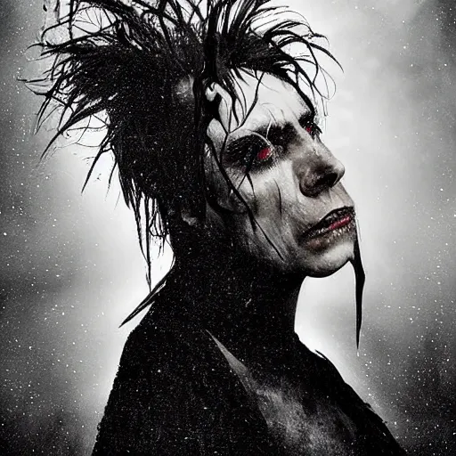 Image similar to stunning portrait of gaunt ( the cure fan ) as dream from sandman, dim stars as eyes, by jeremy mann, by cedric peyravernay, by by russ mills, by richard avedon and ben templesmith, dramatic lightning, sadness, dark eye sockets, in the shadows, punk rock, gothic, high detailed, 8 k