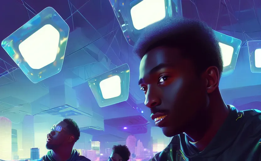 Image similar to single handsome black genius infiltrating the metaverse wearing jordans, curved translucent holographic displays, urban atmosphere, cmyk glowing lights, highly detailed, digital painting, artstation, concept art, smooth, sharp focus, illustration, art by wlop, mars ravelo and greg rutkowski