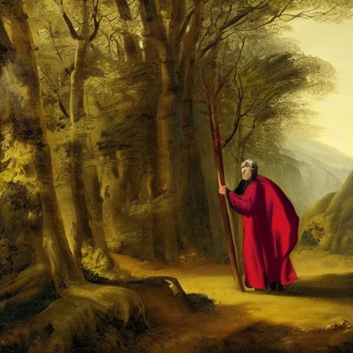 Image similar to a man in a cloak with a staff travelling trough the forest, neo-romanticism