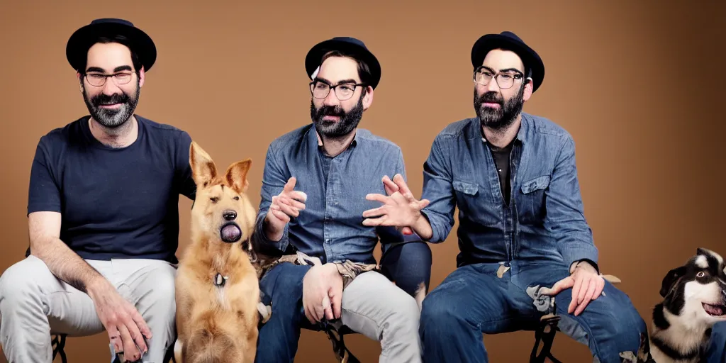 Prompt: adam buxton in a studio interviewing a dog, dog talking, clever dog in hat, interesting expressions, minimal, photorealistic