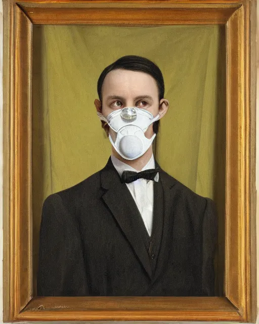 Image similar to portrait of young man wearing black medical mask, suit and tie, style of james c. christensen