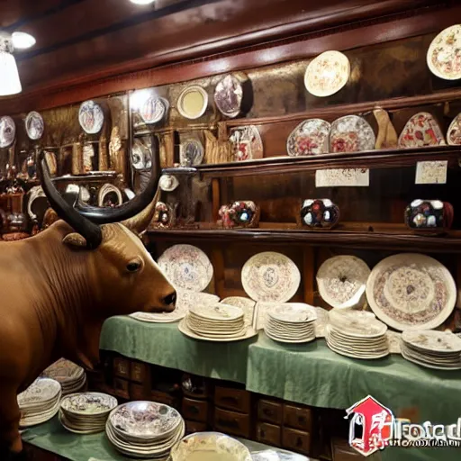 Prompt: a bull in a china shop