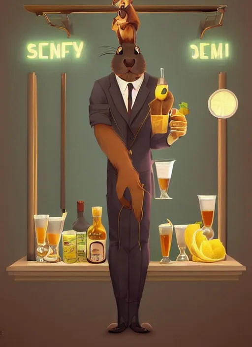 Prompt: squirrel anthro as a dapper bartender with a big, fluffy tail, retro futurism, art deco, detailed, painterly digital art by WLOP and Cory Loftis and Randolph Stanley Hewton, 🐿🍸🍋, furaffinity, trending on artstation