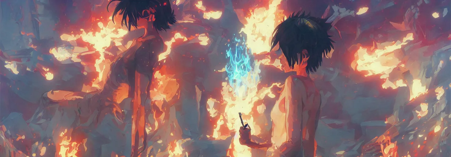 Image similar to ! poster fire golem, electric golem, volitional golem + cigarettes + weed, 2 d fanart artsation, comics, makoto shinkai and lois van baerle, ilya kuvshinov